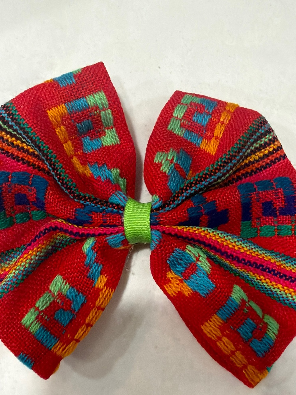 Girls' Red Patterned Fabric Bow Hair Clip with Green Center
